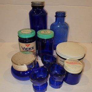 Lot of 10 Vintage Cobalt Blue Glass Cosmetic/Apothecary containers